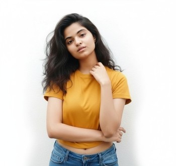 Girl in a orange tee and blue jeans